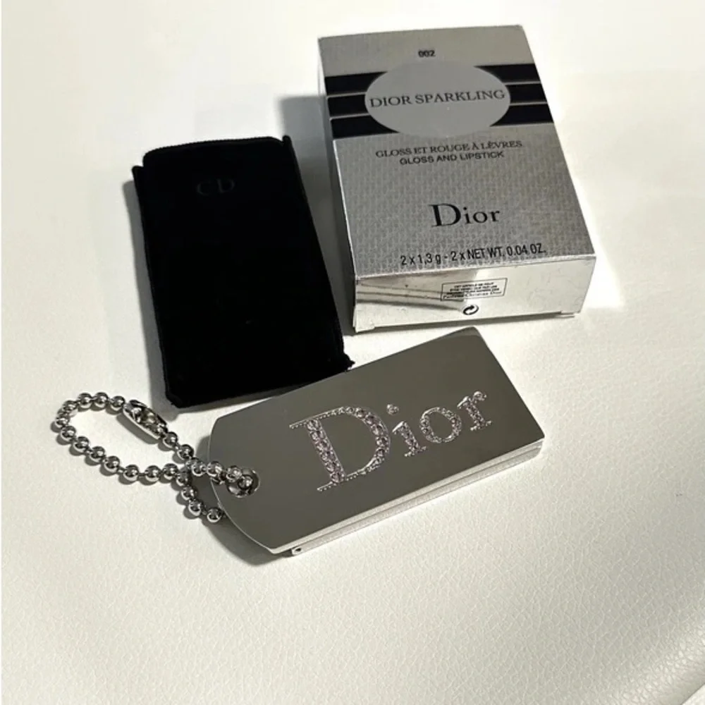 Dior Silver Sparkling Dog Tag Lip Duo Palette Keychain Vintage - Mauve Pearl
